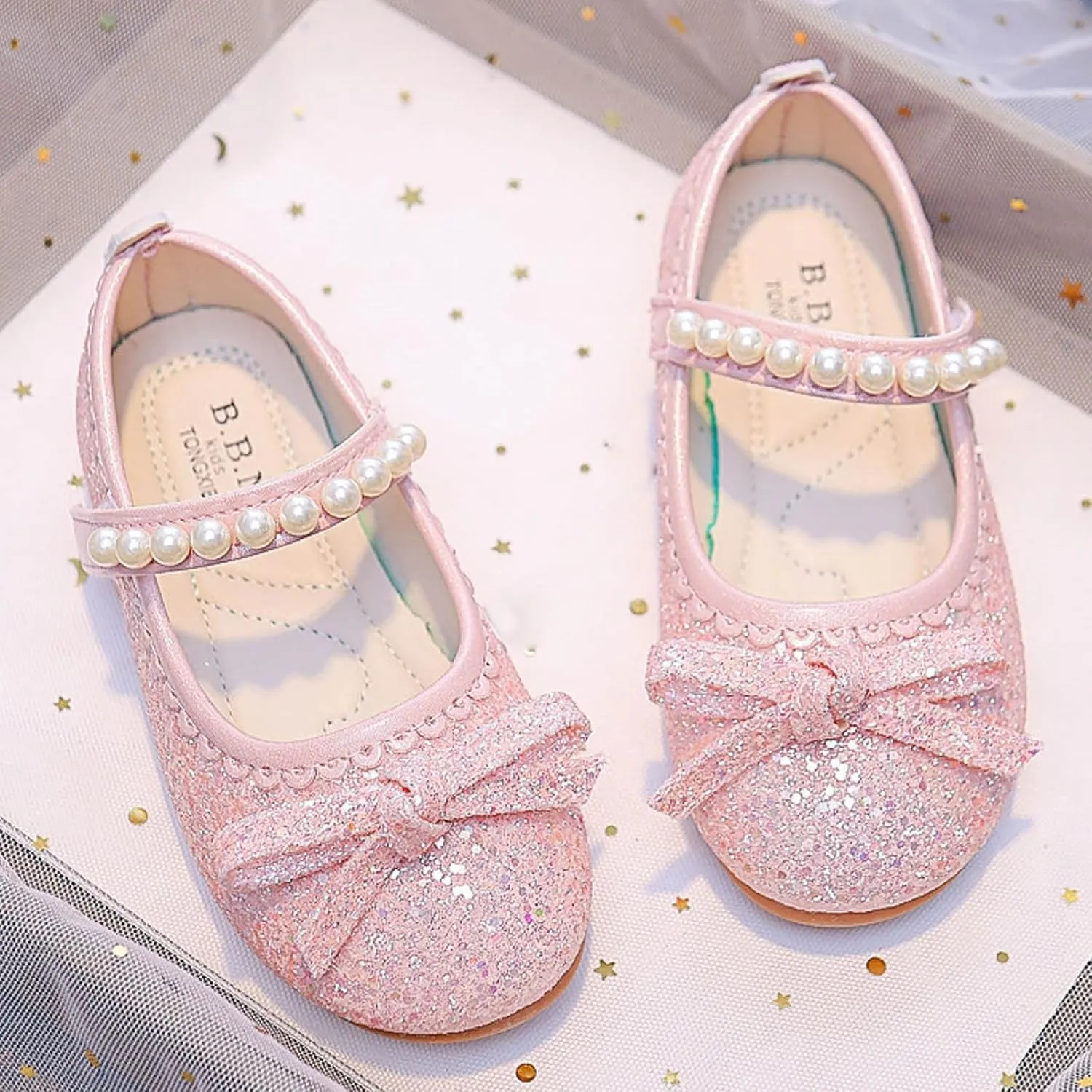 Girl's Mary Jane Bow Elastic Strap Ballerina Flat Flower Bridesmaids Heels Glitter Princess Shoes Baptism Dress Shoes