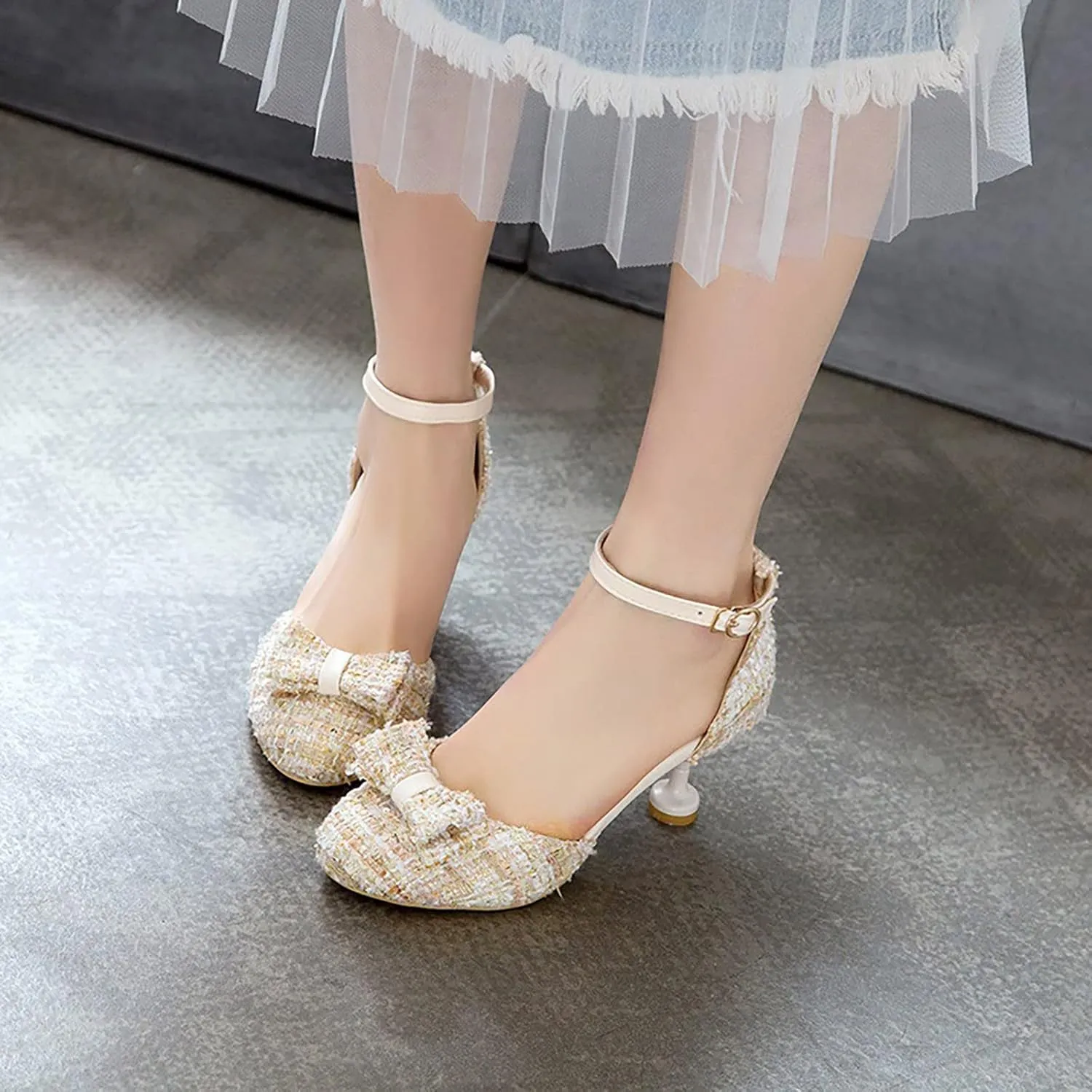 Girl's Mary Jane Shoes Kids Cute Chunky High Heel Vintage Pumps with Bow Pointed Toe Sandals Dress Shoes Toddler
