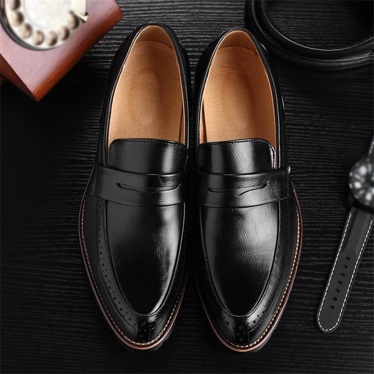 JiuQing Men's Slip-On Dress Shoes Brogues Formal Oxfords Pointed Toe Casual Business Loafers