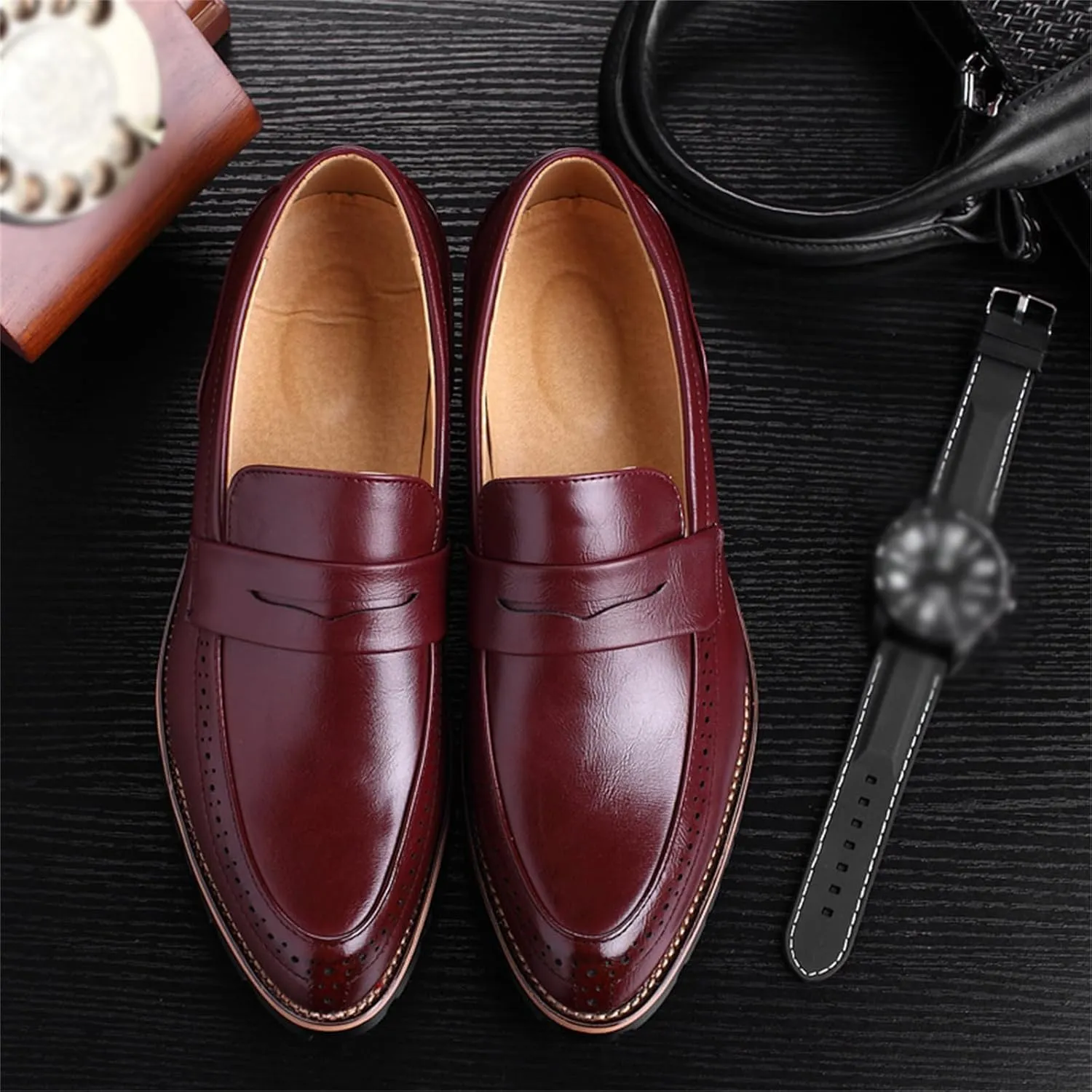 JiuQing Men's Slip-On Dress Shoes Brogues Formal Oxfords Pointed Toe Casual Business Loafers