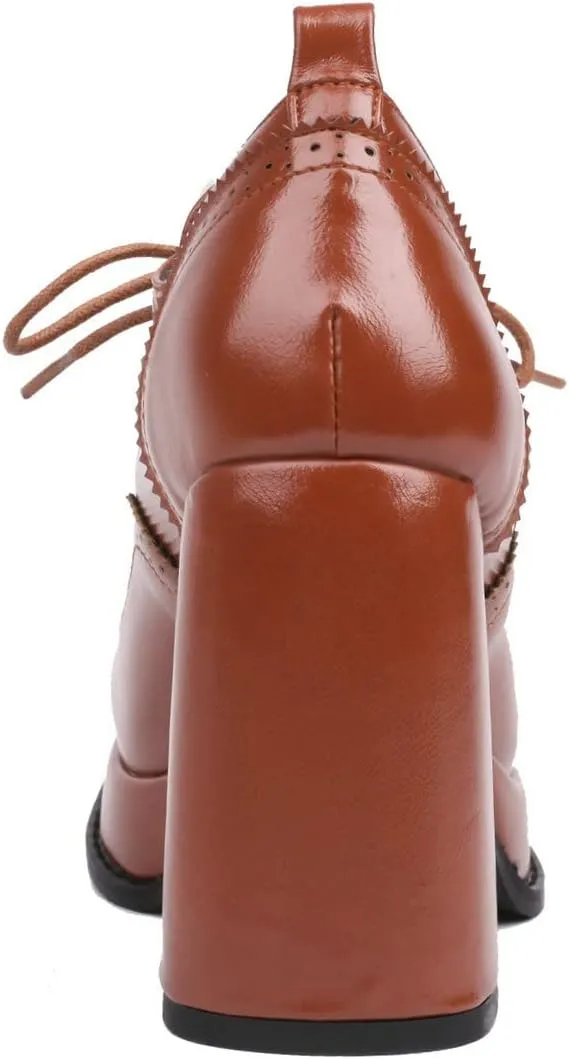 KISSASA Vintage Platform Chunky Oxford Shoes Wingtip Lace Up Heeled Brogues