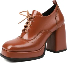 KISSASA Vintage Platform Chunky Oxford Shoes Wingtip Lace Up Heeled Brogues