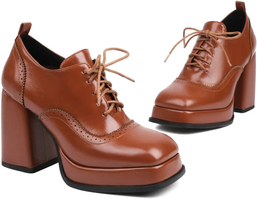 KISSASA Vintage Platform Chunky Oxford Shoes Wingtip Lace Up Heeled Brogues