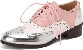 KOKOMOMO Women's Perforated Lace-up Brogues Low Heels Wingtip Multicolor Flat Oxfords Saddle Two Tone British Vintage Derby Shoes