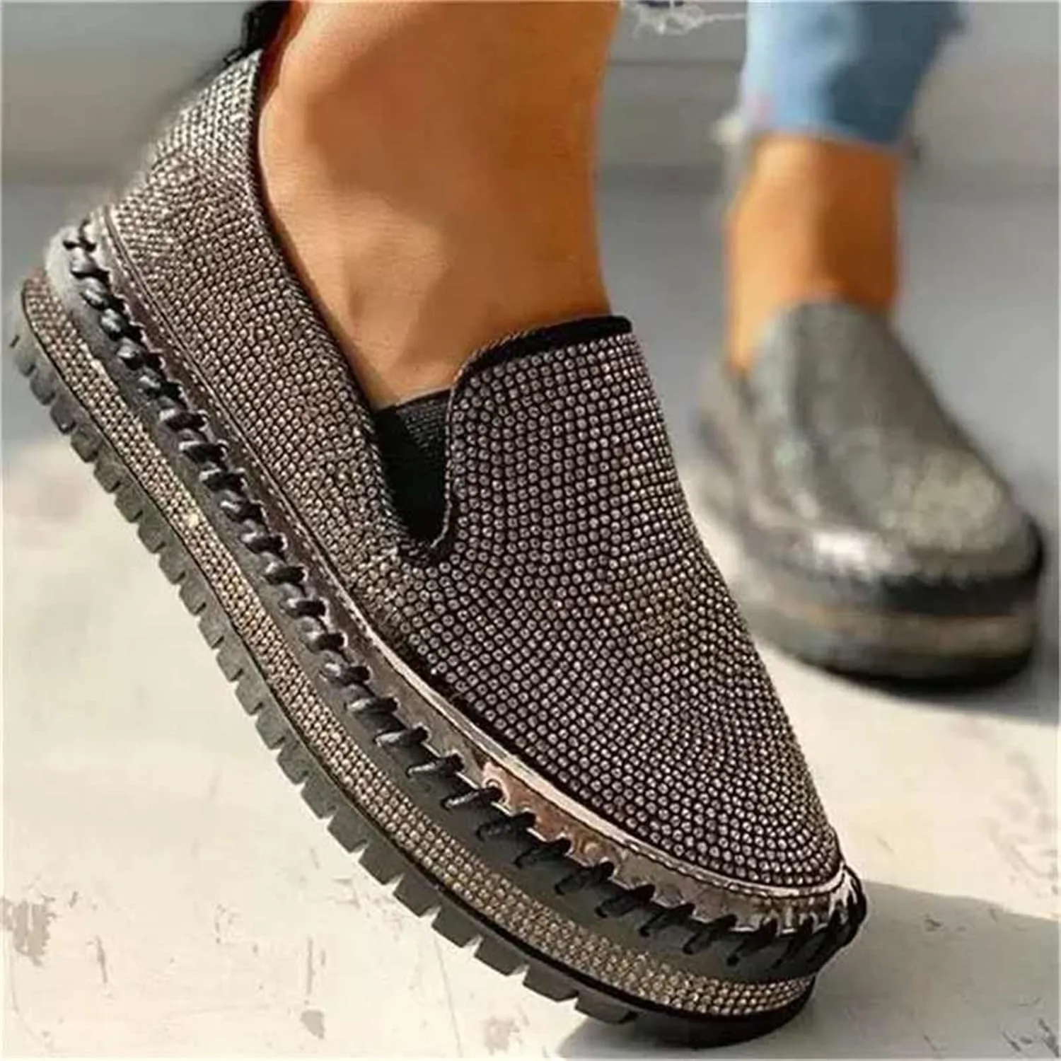 Ladmiple Sneakers For Women Walking Shoes Wide Width Glitter Sparkly Fashion Slip On Dressy Casual Summer Flats Loafers