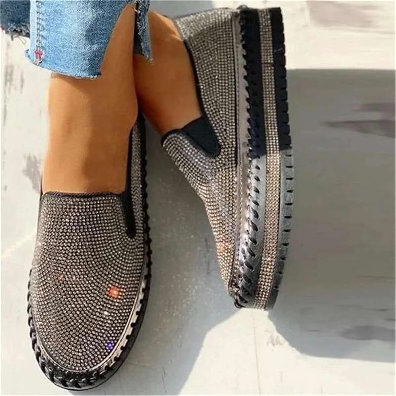 Ladmiple Sneakers For Women Walking Shoes Wide Width Glitter Sparkly Fashion Slip On Dressy Casual Summer Flats Loafers