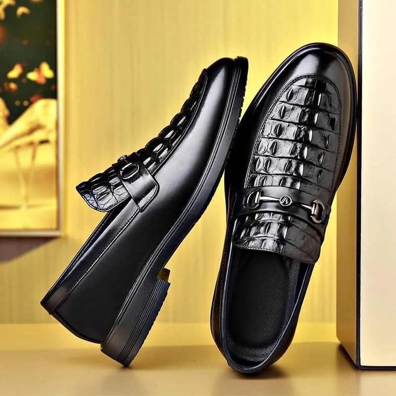 Men's Leather Slip-On Loafer Classic Crocodile Printed Slip-on Penny Loafers Driving Moccasins for Business Office & Casual