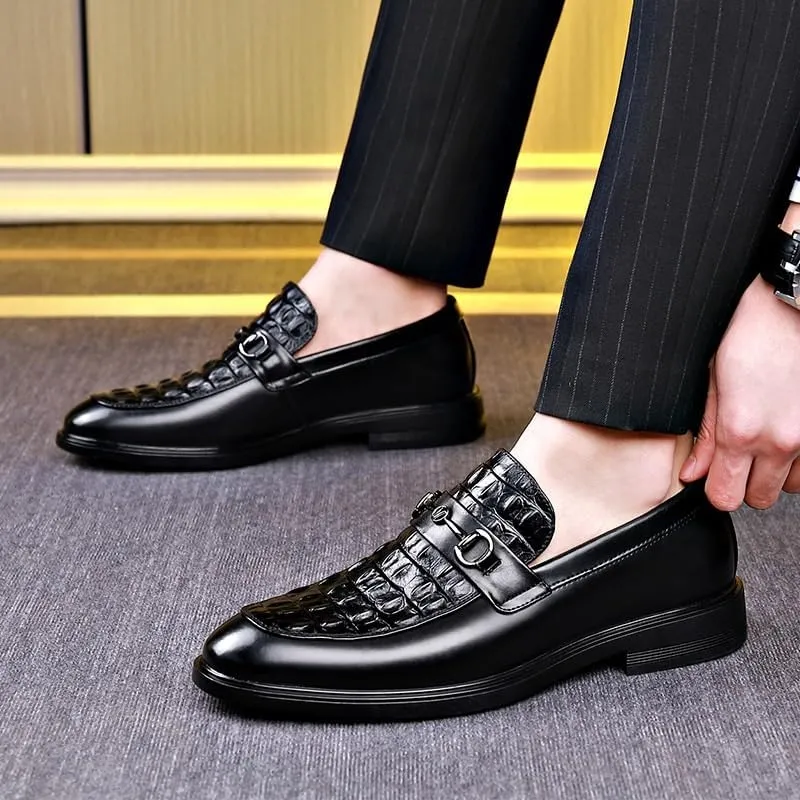 Men's Leather Slip-On Loafer Classic Crocodile Printed Slip-on Penny Loafers Driving Moccasins for Business Office & Casual