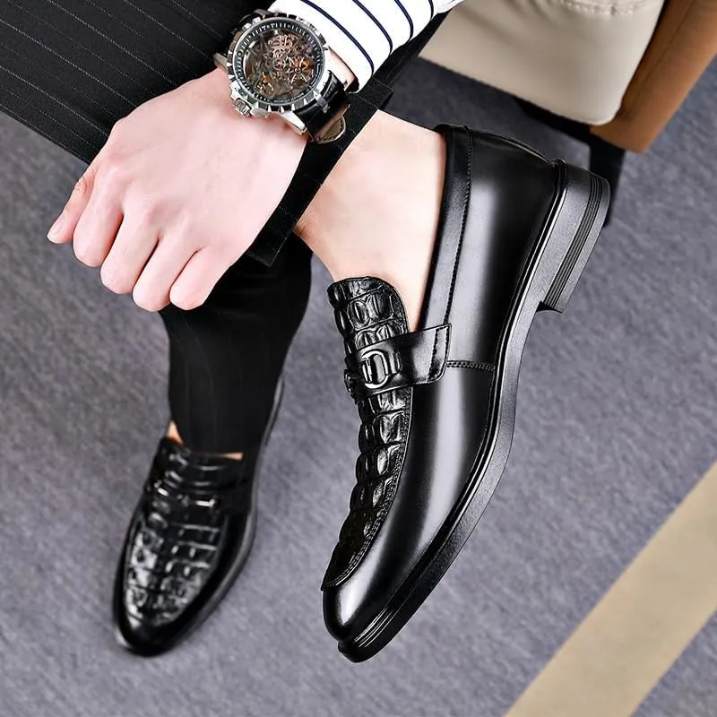Men's Leather Slip-On Loafer Classic Crocodile Printed Slip-on Penny Loafers Driving Moccasins for Business Office & Casual