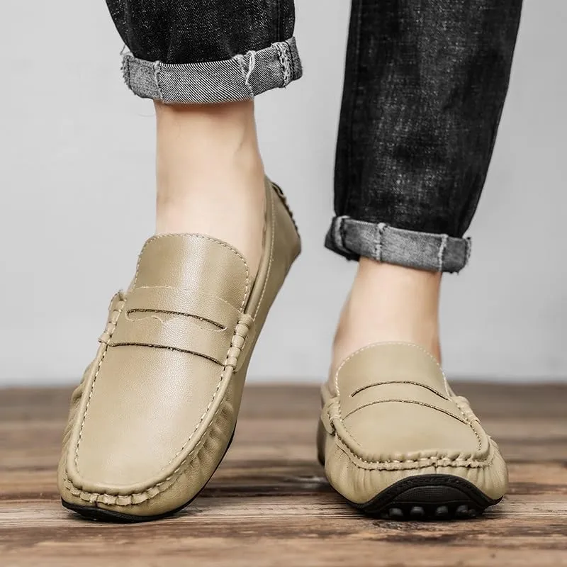 Mens Loafers Shoe Solid Color Leather Penny Driving Loafers Flat Heel Lightweight Flexible Outdoor Prom Slip On