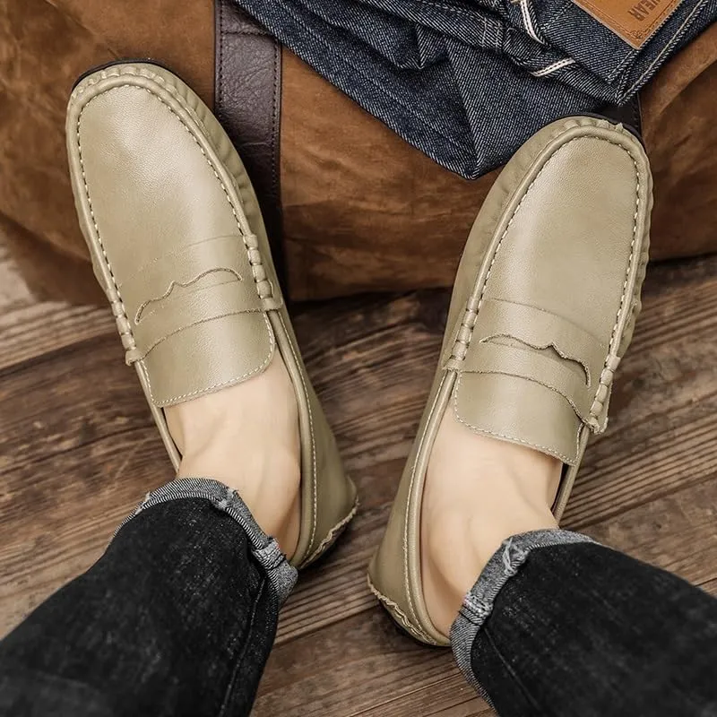 Mens Loafers Shoe Solid Color Leather Penny Driving Loafers Flat Heel Lightweight Flexible Outdoor Prom Slip On