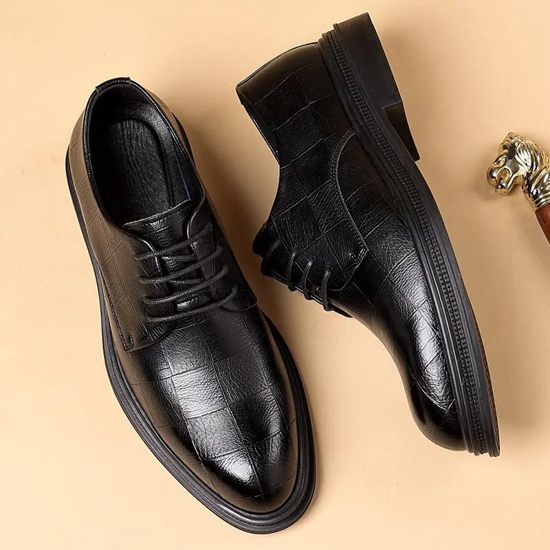 Men's Retro Pointed Chunky Heel Non-Slip Business Dress Shoes Genuine Leather Oxford Shoes for Men