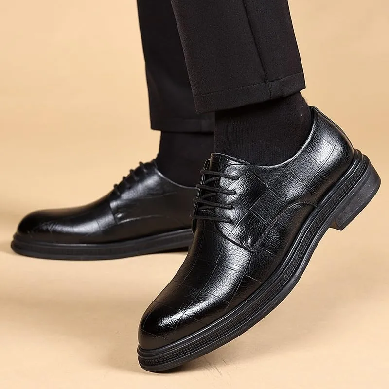 Men's Retro Pointed Chunky Heel Non-Slip Business Dress Shoes Genuine Leather Oxford Shoes for Men