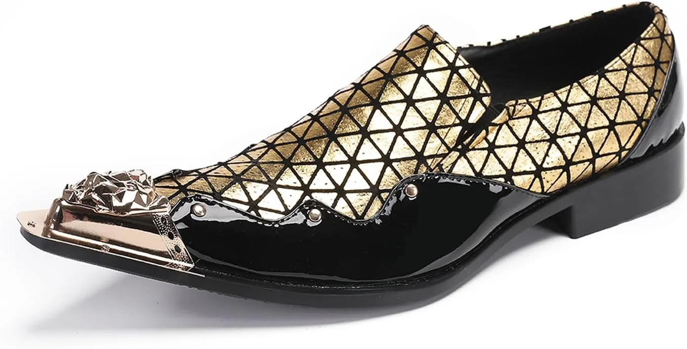 Santimon Mens Loafers Party Dress Slip On Disco Shoes -Wedding Casual Two Tone Leather Penny Loafers- Tuxedo Plaid Metal Tip Toe Shoes for Men Boys