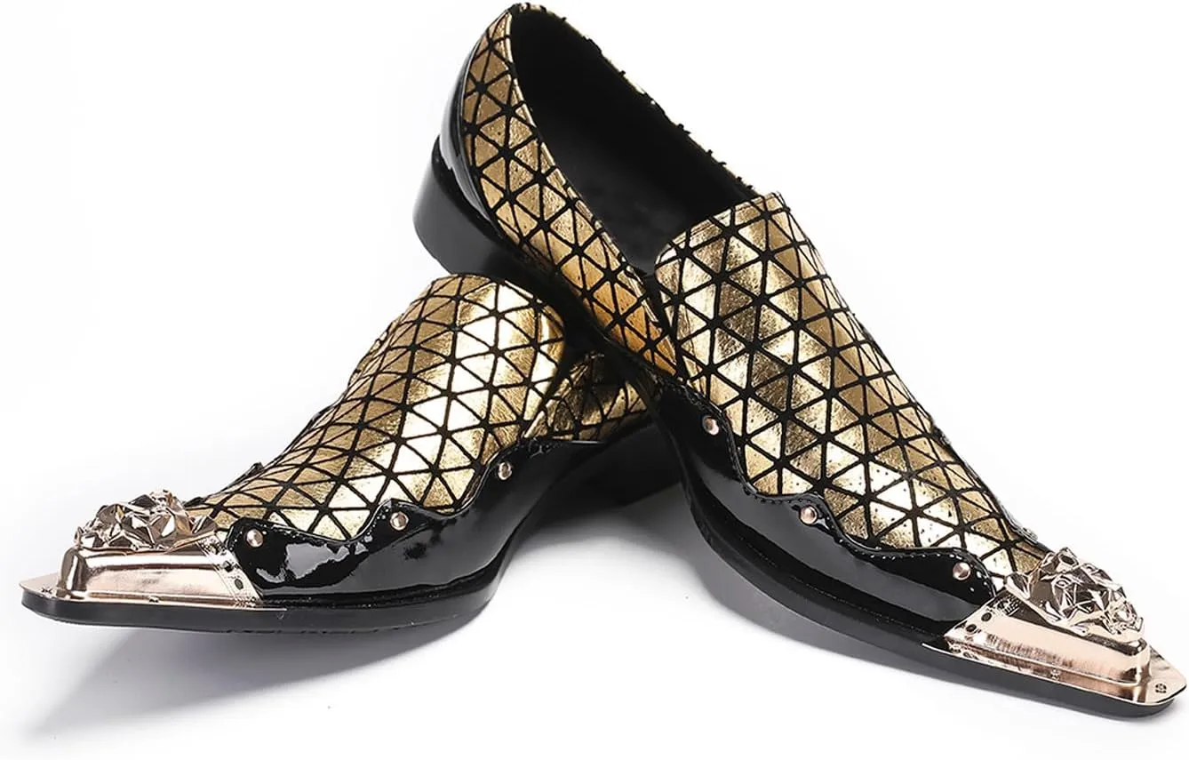 Santimon Mens Loafers Party Dress Slip On Disco Shoes -Wedding Casual Two Tone Leather Penny Loafers- Tuxedo Plaid Metal Tip Toe Shoes for Men Boys