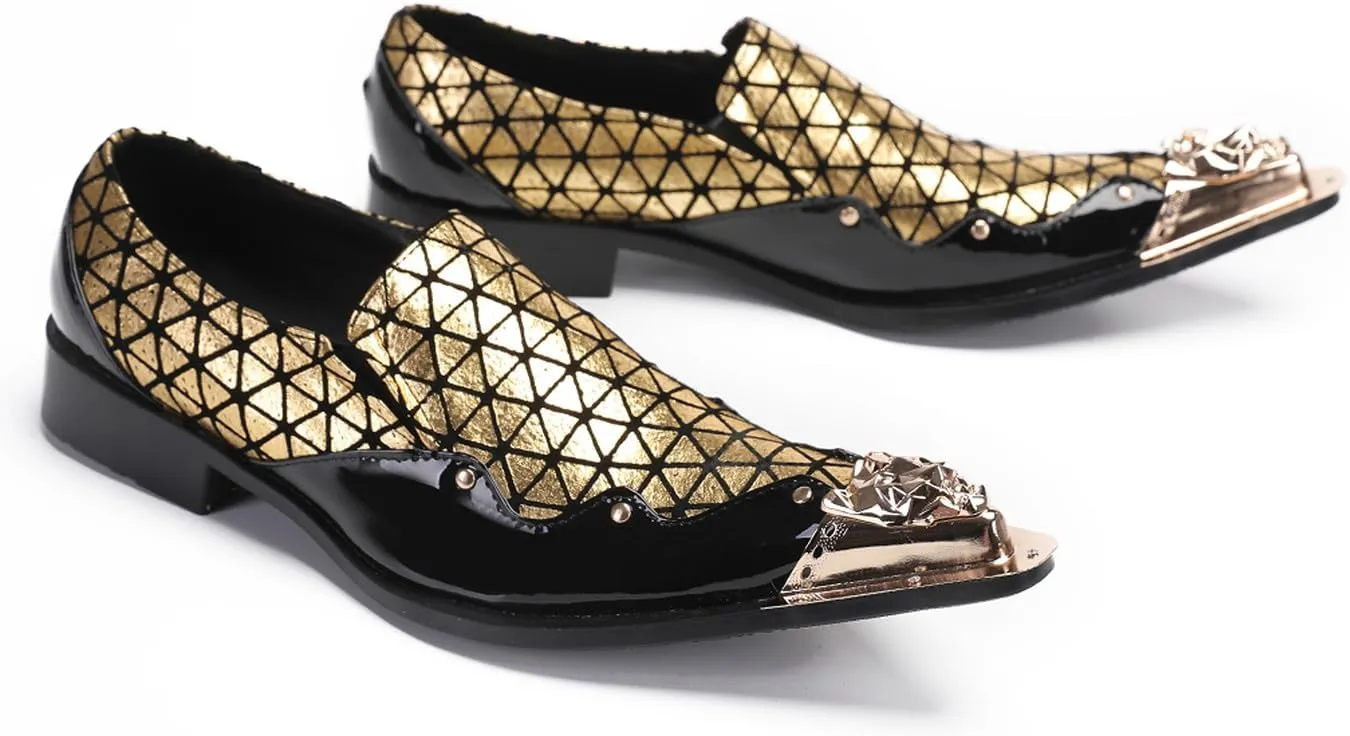 Santimon Mens Loafers Party Dress Slip On Disco Shoes -Wedding Casual Two Tone Leather Penny Loafers- Tuxedo Plaid Metal Tip Toe Shoes for Men Boys