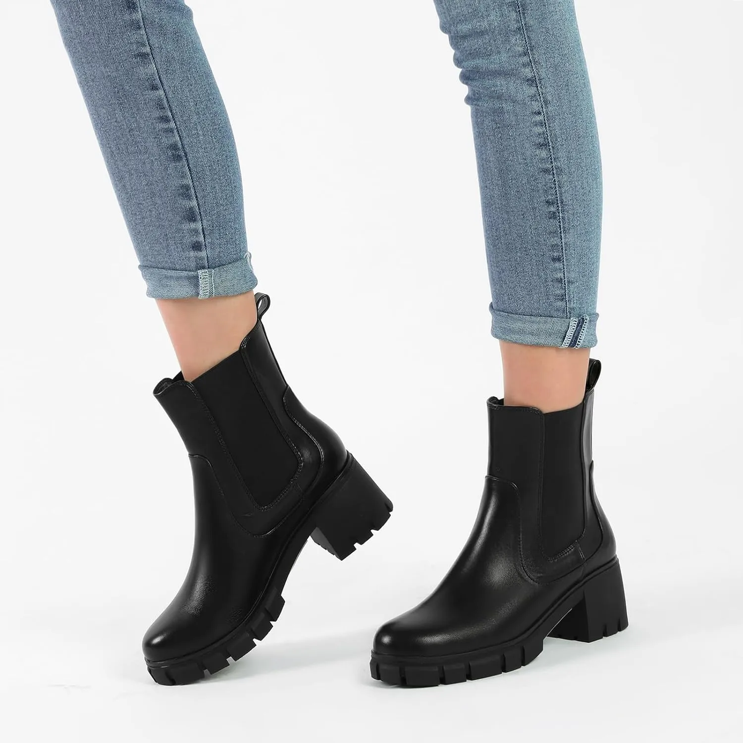 Women's Chelsea Boots Lug Sole Chunky Heel Slip on Ankle Booties