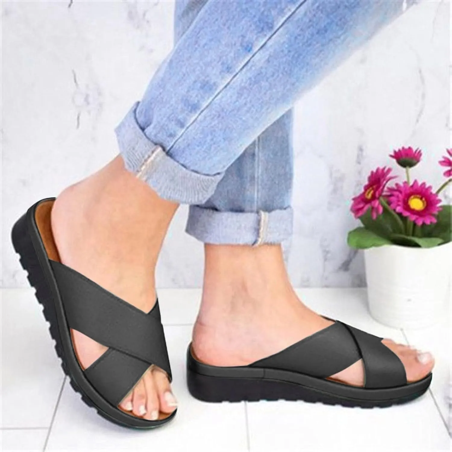 Women's Cork Slide Sandals Slip on Open Toe Cute Platform Flat Summer Womens Shoes Casual Sandals