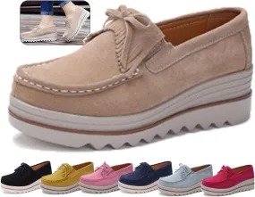 Women's Leather Platform Loafers Faux Suede Comfort Moccasins Comfortable Thick Soled Breathable LoafersWide Low Top Shoes Business Casual Walking Shoes