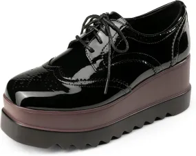 Women's Platform Oxford Shoes Classic Chunky Patent Leather PU Square Toe Wedges Casual Lace Up Sneakers