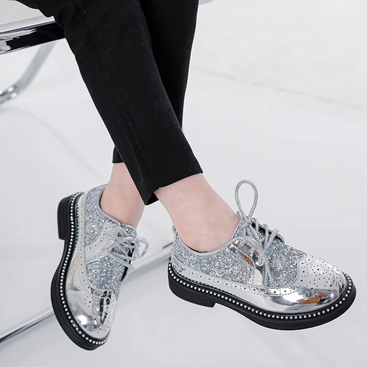 WUIWUIYU Toddlers Boys Glitter Wedding Homecoming Prom Concert Oxfords Flats Brogues School Uniform Dress Shoes